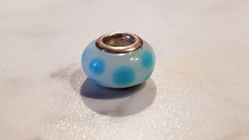 Beads Glas mundgeblasen 925ér Silber für Kette / Armband - weiß hellblau Punkte